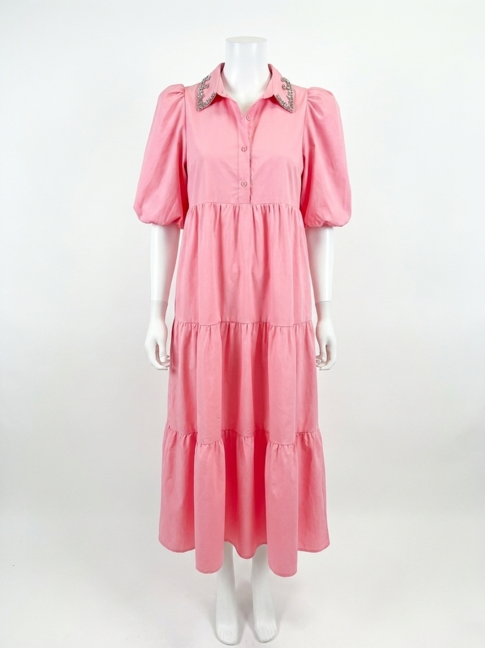 NEW TCEC jeweled collar midi tiered shirt dress in pink